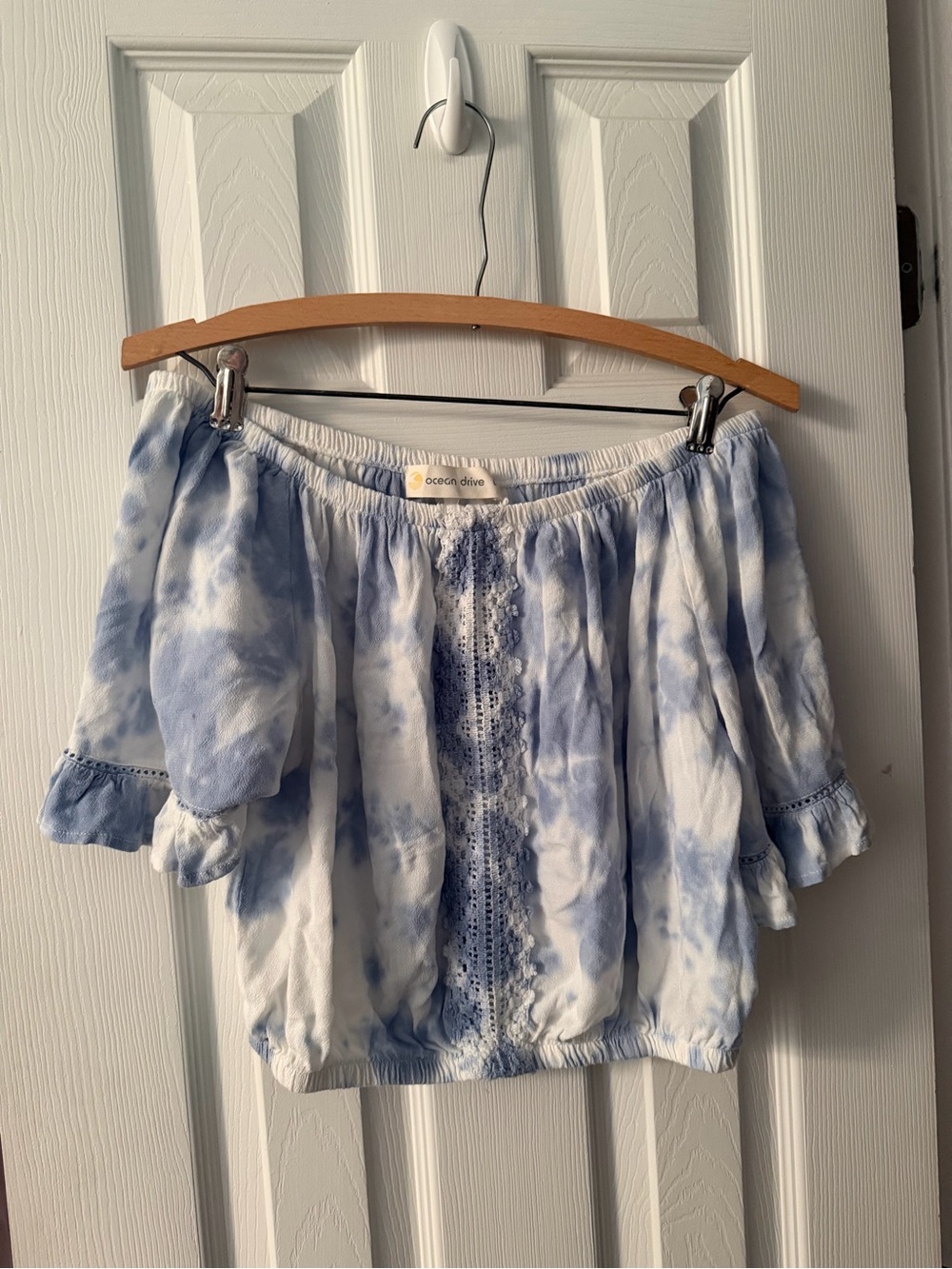 Ocean Drive Blue and White Tie-Dye Off-Shoulder Peasant Blouse